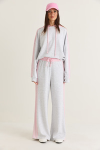 Kadın Şerit Detaylı Kapüşonlu Oversize Sweatshirt Bol Eşofman Altı Takım 4203 60286660 - Gri-Pembe ALT - ÜST TAKIM modelleri
