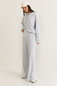 Kadın Şerit Detaylı Kapüşonlu Oversize Sweatshirt Bol Eşofman Altı Takım 4203 60286660 - Gri-Beyaz ALT - ÜST TAKIM modelleri