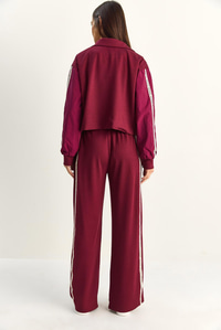 Kadın Şerit Detaylı Kontrast Dokulu Ceket Wide Leg Pantolon Takım 8075 60286154 - Vişne ALT - ÜST TAKIM modelleri