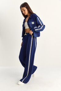 Kadın Şerit Detaylı Kontrast Dokulu Ceket Wide Leg Pantolon Takım 8075 60286154 - Lacivert ALT - ÜST TAKIM modelleri