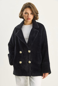 Kadın Şık Düğme Detaylı Cepli Astarlı Oversize Peluş Mont 0306 60283614 - Siyah DIŞ GİYİM modelleri