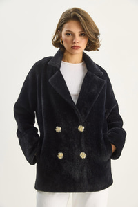 Kadın Şık Düğme Detaylı Cepli Astarlı Oversize Peluş Mont 0306 60283614 - Siyah DIŞ GİYİM modelleri