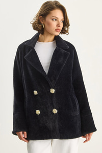 Kadın Şık Düğme Detaylı Cepli Astarlı Oversize Peluş Mont 0306 60283614 - Siyah DIŞ GİYİM modelleri