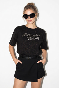 Kadın Simli Taş Yazı Baskılı Bisiklet Yaka Oversize Basic T-Shirt 2244 60286376 - Siyah T-SHİRT modelleri