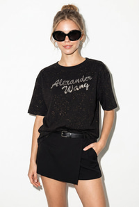 Kadın Simli Taş Yazı Baskılı Bisiklet Yaka Oversize Basic T-Shirt 2244 60286376 - Siyah T-SHİRT modelleri