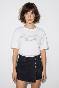 Kadın Simli Taş Yazı Baskılı Bisiklet Yaka Oversize Basic T-Shirt 2244 60286376 - Beyaz T-SHİRT modelleri