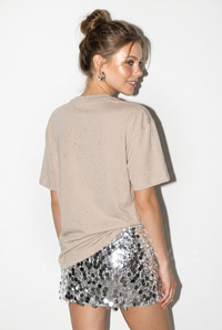 Kadın Simli Taş Yazı Baskılı Bisiklet Yaka Oversize Basic T-Shirt 2244 60286376 - Bej T-SHİRT modelleri