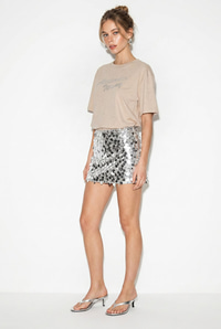 Kadın Simli Taş Yazı Baskılı Bisiklet Yaka Oversize Basic T-Shirt 2244 60286376 - Bej T-SHİRT modelleri