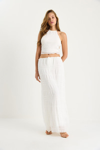 Kadın Sırt Detaylı Gipeli Crop Bluz Astarlı Pileli Etek Takım 9542 60283444 - Beyaz