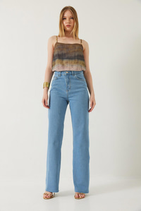 Kadın Straight Wide Yüksek Bel Paçası Kesik Uzun Denim Yıkamalı Pantolon 1077 60261307 - Buz Mavisi PANTOLON modelleri