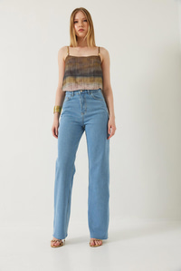 Kadın Straight Wide Yüksek Bel Paçası Kesik Uzun Denim Yıkamalı Pantolon 1077 60261307 - Buz Mavisi PANTOLON modelleri