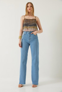 Kadın Straight Wide Yüksek Bel Paçası Kesik Uzun Denim Yıkamalı Pantolon 1077 60261307 - Buz Mavisi PANTOLON modelleri