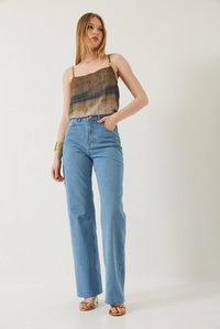 Kadın Straight Wide Yüksek Bel Paçası Kesik Uzun Denim Yıkamalı Pantolon 1077 60261307 - Buz Mavisi PANTOLON modelleri