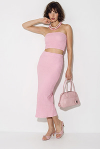 Kadın Straplez Bürümcük Crop Bluz Yüksek Bel Midi Kalem Etek Takım 60286447 - Pembe ALT - ÜST TAKIM modelleri