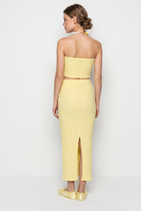 Kadın Straplez Bürümcük Crop Bluz Yüksek Bel Midi Kalem Etek Takım 60286447 - Sarı ALT - ÜST TAKIM modelleri