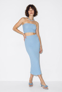 Kadın Straplez Bürümcük Crop Bluz Yüksek Bel Midi Kalem Etek Takım 60286447 - Mavi ALT - ÜST TAKIM modelleri