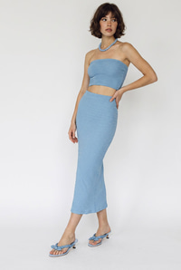 Kadın Straplez Bürümcük Crop Bluz Yüksek Bel Midi Kalem Etek Takım 60286447 - Mavi ALT - ÜST TAKIM modelleri
