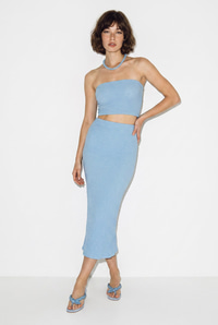 Kadın Straplez Bürümcük Crop Bluz Yüksek Bel Midi Kalem Etek Takım 60286447 - Mavi ALT - ÜST TAKIM modelleri