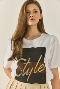 Kadın Style Yazılı Taş Baskılı Rahat Kalıp Pamuklu T-Shirt 1610 60283282 - Beyaz