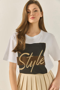 Kadın Style Yazılı Taş Baskılı Rahat Kalıp Pamuklu T-Shirt 1610 60283282 - Beyaz