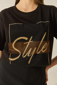 Kadın Style Yazılı Taş Baskılı Rahat Kalıp Pamuklu T-Shirt 1610 60283282 - Siyah