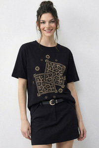 Kadın Taş Baskılı Leopar Desenli Bisiklet Yaka Regular Fit T-Shirt 2209 60283975 - Siyah T-SHİRT modelleri