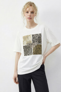 Kadın Taş Detaylı Leopar Baskılı Bisiklet Yaka Rahat Kalıp T-Shirt 2200 60283970 - Beyaz T-SHİRT modelleri