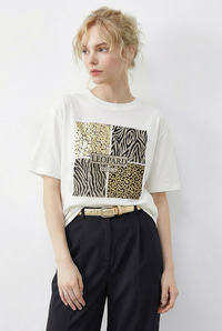 Kadın Taş Detaylı Leopar Baskılı Bisiklet Yaka Rahat Kalıp T-Shirt 2200 60283970 - Beyaz T-SHİRT modelleri