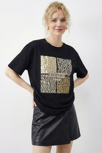 Kadın Taş Detaylı Leopar Baskılı Bisiklet Yaka Rahat Kalıp T-Shirt 2200 60283970 - Siyah T-SHİRT modelleri