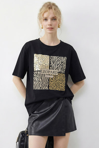 Kadın Taş Detaylı Leopar Baskılı Bisiklet Yaka Rahat Kalıp T-Shirt 2200 60283970 - Siyah T-SHİRT modelleri