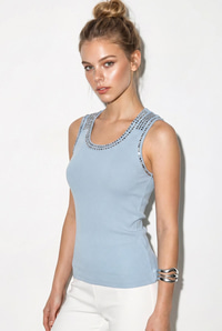 Kadın Taş İşlemeli Bisiklet Yaka Kalın Askılı Fitilli Bluz ÖA261006 60286171 - Bebe Mavisi BLUZ modelleri