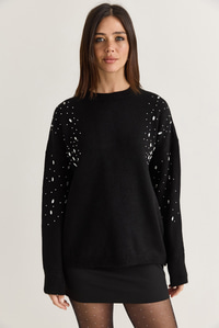 Kadın Taş İşlemeli Bisiklet Yaka Oversize Triko Kazak TK261001 60286630 - Siyah KAZAK modelleri