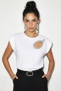 Kadın Taş İşlemeli Vatkalı Omuz Detaylı %100 Pamuk T-Shirt 1075 60286066 - Beyaz T-SHİRT modelleri