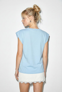 Kadın Taş İşlemeli Vatkalı Omuz Detaylı %100 Pamuk T-Shirt 1075 60286066 - Bebe Mavisi T-SHİRT modelleri