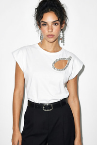 Kadın Taş İşlemeli Vatkalı Omuz Detaylı %100 Pamuk T-Shirt 1075 60286066 - Beyaz T-SHİRT modelleri