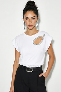 Kadın Taş İşlemeli Vatkalı Omuz Detaylı %100 Pamuk T-Shirt 1075 60286066 - Beyaz T-SHİRT modelleri