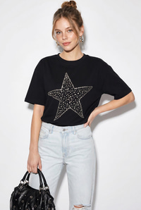 Kadın Taş İşlemeli Yıldız Detaylı %100 Pamuk Oversize T-Shirt ÖT100003 60286297 - Siyah T-SHİRT modelleri