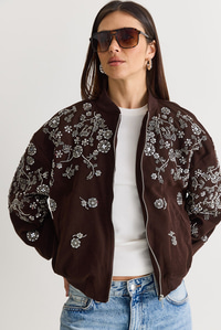 Kadın Taş ve Boncuk İşlemeli Oversize Fermuarlı Bomber Ceket 2950 60286566 - Acı Kahve CEKET modelleri
