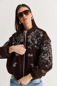 Kadın Taş ve Boncuk İşlemeli Oversize Fermuarlı Bomber Ceket 2950 60286566 - Acı Kahve CEKET modelleri