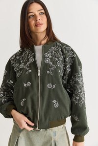 Kadın Taş ve Boncuk İşlemeli Oversize Fermuarlı Bomber Ceket 2950 60286566 - Haki CEKET modelleri