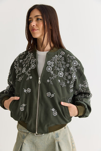 Kadın Taş ve Boncuk İşlemeli Oversize Fermuarlı Bomber Ceket 2950 60286566 - Haki CEKET modelleri