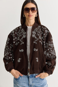 Kadın Taş ve Boncuk İşlemeli Oversize Fermuarlı Bomber Ceket 2950 60286566 - Acı Kahve CEKET modelleri