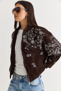 Kadın Taş ve Boncuk İşlemeli Oversize Fermuarlı Bomber Ceket 2950 60286566 - Acı Kahve CEKET modelleri