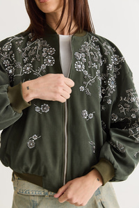 Kadın Taş ve Boncuk İşlemeli Oversize Fermuarlı Bomber Ceket 2950 60286566 - Haki CEKET modelleri
