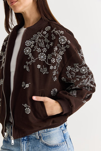 Kadın Taş ve Boncuk İşlemeli Oversize Fermuarlı Bomber Ceket 2950 60286566 - Acı Kahve CEKET modelleri
