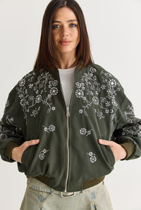 Kadın Taş ve Boncuk İşlemeli Oversize Fermuarlı Bomber Ceket 2950 60286566 - Haki CEKET modelleri