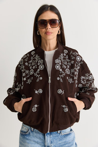 Kadın Taş ve Boncuk İşlemeli Oversize Fermuarlı Bomber Ceket 2950 60286566 - Acı Kahve CEKET modelleri