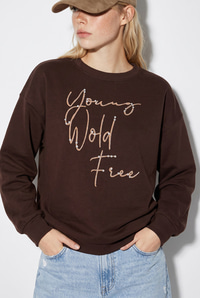 Kadın Taşlı Yazı Detaylı Oversize Üç İplik Sweatshirt 1006 60286478 - Acı Kahve SWEATSHİRT modelleri