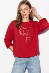 Kadın Taşlı Yazı Detaylı Oversize Üç İplik Sweatshirt 1006 60286478 - Kırmızı SWEATSHİRT modelleri