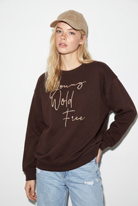 Kadın Taşlı Yazı Detaylı Oversize Üç İplik Sweatshirt 1006 60286478 - Acı Kahve SWEATSHİRT modelleri